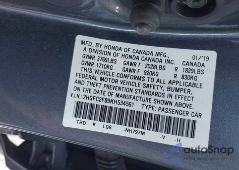 2019 Honda Civic Sport from USA, damaged, VIN 2HGFC2F89KH534561
